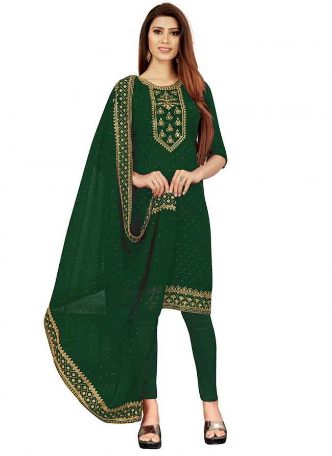 Georgette Green Casual Wear Embroidery Work Churidar Suit